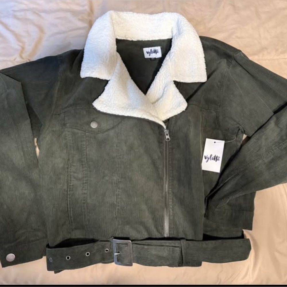 Vylette Sherpa / Corduroy Jacket - Olive Green - Size: XL